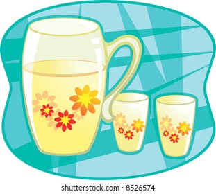 a flower printed jar and glasses	