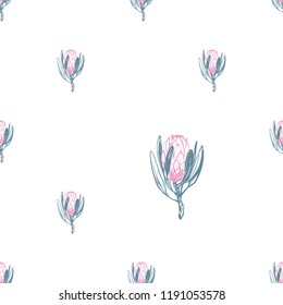Flower of protea pattern. Floral seamless background for fabric design. Cute and beautiful watercolor vector illustration on white backdrop.