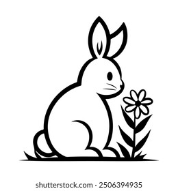 Flower Rabbit logo or modern line icon. Vector line art and icon design with bold outline. Black and white Pixel Perfect minimalistic symbol isolate white background. Creative logotype