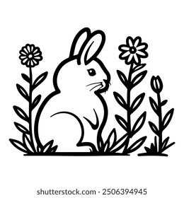 Flower Rabbit logo or modern line icon. Vector line art and icon design with bold outline. Black and white Pixel Perfect minimalistic symbol isolate white background. Creative logotype