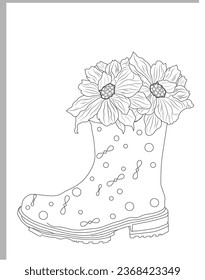 Flower Rain Boot Coloring Page Template Design 