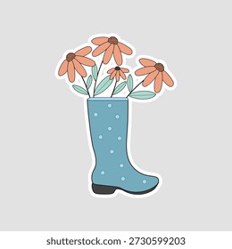 Flower rain boot sticker featuring orange blossoms in a blue polka dot wellington. Great for spring gardening blogs, planners, and floral stationery