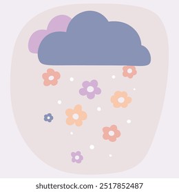 Lluvia de flores, nieve y flores caen de las nubes, ilustración suave para niños, fenómenos naturales mágicos