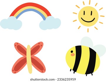 flower, rainbow, cartoon, illustration, bee, nature, vector, doodle, fly, collection