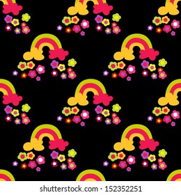 Flower rainbow seamless pattern. Dark background. Vector illustration.