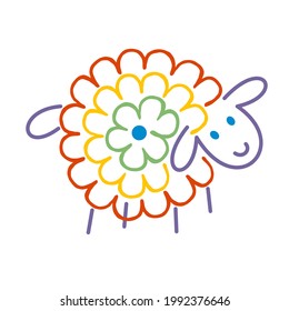 Flower rainbow sheep, funny cute cartoon character. Hand-drawn full color vector. Pet, farm, sweet animal, lamb icon. Happy lovely lamb baby. For children's illustrations, preschool education, print.