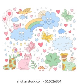 Flower and rainy vector cartoon pattern with cats and clouds. 