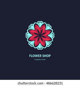 Flower red, blue circular logo in the form of roses. Bright and juicy logotype for boutique, flower shop, business. Company mark, emblem, element. Kaleidoscope big bud. Surround abstract blossom