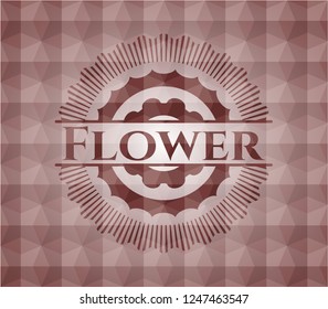 Flower red emblem or badge with geometric pattern background. Seamless.