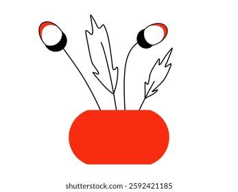 Flower in a red pot. Concept of coziness, home interior. Vector illustration