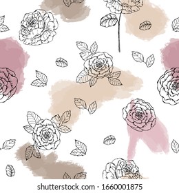 Flower repeat pattern with texture on background. Outline style vector design for textile, wallpaper, fabric, packages, wrapping, decoration, etc.