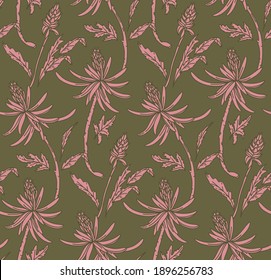 Flower repeat texture, Nature seamless print. Ornament floral background  khaki green dusty pink trendy line art for fabrics, wrapping paper, wallpaper. Vector