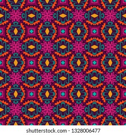 Flower retro art ethnic seamless design tiles . Festive colorful tiled pattern. . Geometric line art abstract frame border