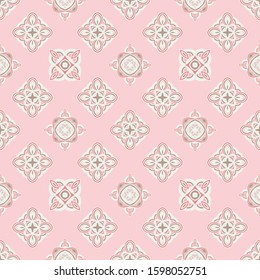 Flower retro art ethnic seamless design tiles. Cute pink vintage pattern. Can be used for wallpaper, backgrounds, decoration for your design, ceramic, page fill and more.