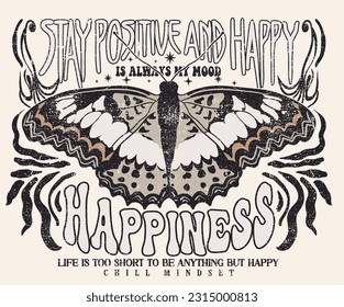  Flower retro artwork. Fly to the sky. Butterfly graphic print design. Stay positive and happy artwork for t shirt print, poster, sticker, background and other uses.