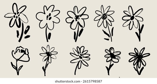 Flower retro ink vector sketch arrangement hand drawn in simple doodle style. Grunge botanical wedding, party decoration silhouette collection.
