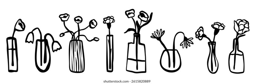 Flower retro ink vector sketch arrangement hand drawn in simple doodle style. Grunge botanical wedding, party decoration silhouette collection