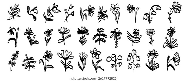Flower retro ink vector sketch arrangement hand drawn in simple doodle style. Grunge botanical wedding, party decoration silhouette collection