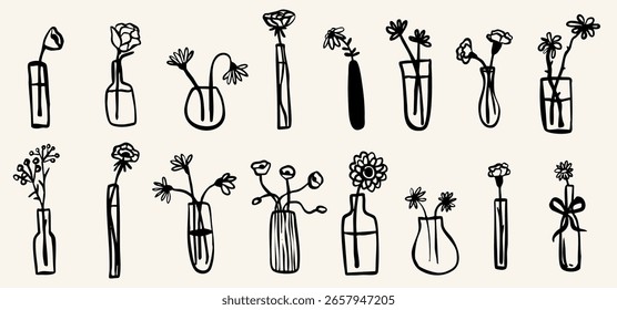 Flower retro ink vector sketch arrangement hand drawn in simple doodle style. Grunge botanical wedding, party decoration silhouette collection