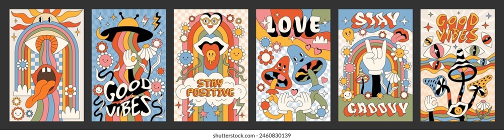 Flower retro poster. Groovy 70s psychedelic. Hippie love heart. Sun and rainbow. Hallucination mushroom. Crazy face eyes. Power summer art. Funky emoji. Print landscape. Vector cartoon banners set