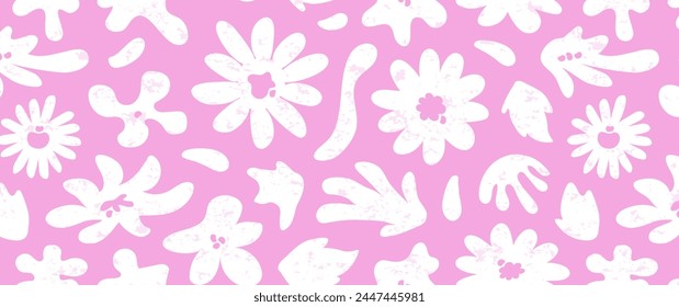 Flower retro seamless pattern, groovy floral background, summer grunge print, spring funky daisy textile. Abstract pink and white bg. Cute vector illustration