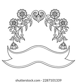 Flower and ribbon label hand drawn for adult coloring book