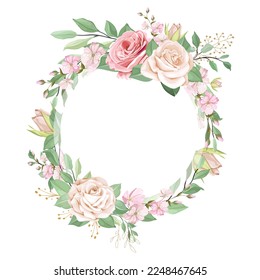 Flower ring for wedding card.Wreath border frame with flowers and herbs, meadow flowers, and butterflies. vector illustration.
