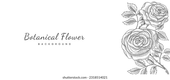 Flower Rose background with trendy wildflowers and minimalist flowers for wall decoration or wedding. Hand-drawn line red rose, elegant leaves for invitation save the date card.