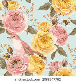 FLOWER ROSE WITH BIRDS SEAMLESS PATTERN VECTOR EPS