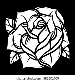 Flower rose, black and white. Isolated on black background. Vector illustration.