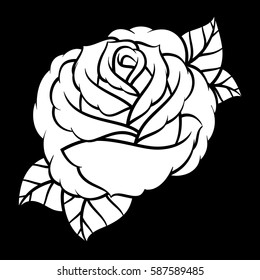 Flower rose, black and white. Isolated on black background. Vector illustration.