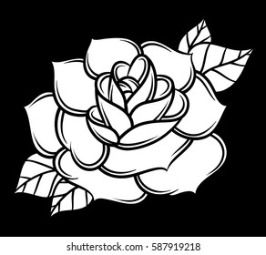 Flower rose, black and white. Isolated on black background. Vector illustration.
