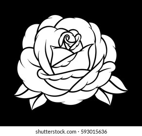 Flower rose, black and white. Isolated on black background. Vector illustration.