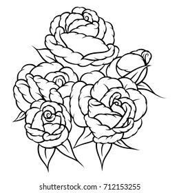 Rosa de flores, blanco y negro. Aislado sobre fondo blanco. Ilustración vectorial.