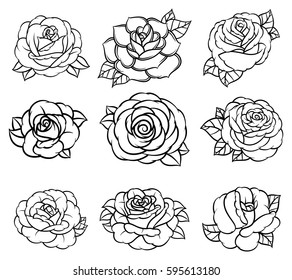 Flower rose, black and white. Set collection. Isolated on white background. Vector illustration.