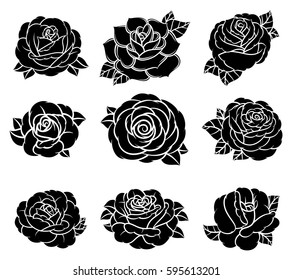 Flower Rose, Black And White. Set Collection. Isolated On White Background. Vector Illustration.