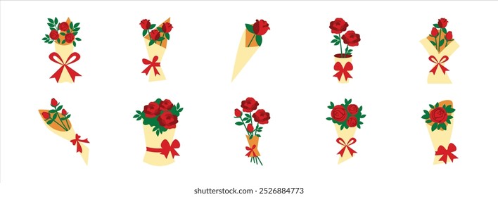 Flower Rose Bouquet flat illustration set. Include of flower, greeting, love, and wedding. Vector illustration isolated.