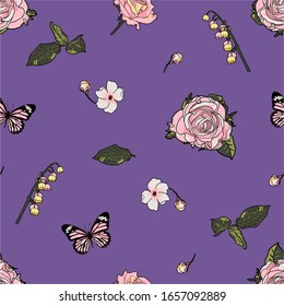 flower rose bugs butterfly seamless vector floral pattern