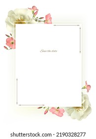 Flower. Rose. Green leaf. Frame decorated with pink and white flowers. Floral background.