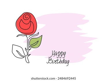 Flower, rose. Hand lettering Happy Birthday. Continuous drawing, line art. Place for text. Vector background for greeting card, invitation.