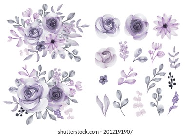 flower rose and leaf lilac isolated watercolor illustration, rose violet