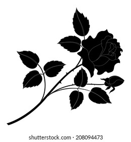 Flower rose with leaves black silhouettes isolated on white background. Vector