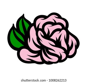 Flower rose, pink buds and green leaves. Isolated on white background. Vector illustration.