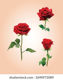 Blumenrose Polygon Low Poly Vektor Set. Vektorgrafik Abstract der Rose. Blossom Rose Illustration für Kinderbuch