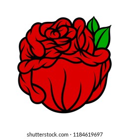 Flower rose, red buds and green leaves. Isolated on white background. Vector illustration.