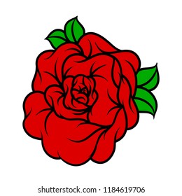 Flower rose, red buds and green leaves. Isolated on white background. Vector illustration.