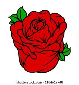 Flower rose, red buds and green leaves. Isolated on white background. Vector illustration.