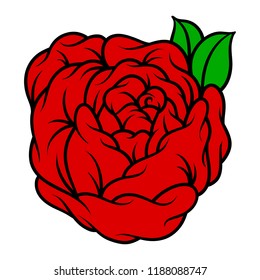 Flower rose, red buds and green leaves. Isolated on white background. Vector illustration.
