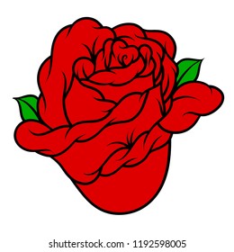 Rosa de flores, capullos rojos y hojas verdes. Aislado sobre fondo blanco. Ilustración vectorial.