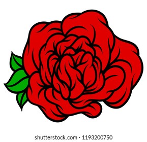 Rosa de flores, capullos rojos y hojas verdes. Aislado sobre fondo blanco. Ilustración vectorial.